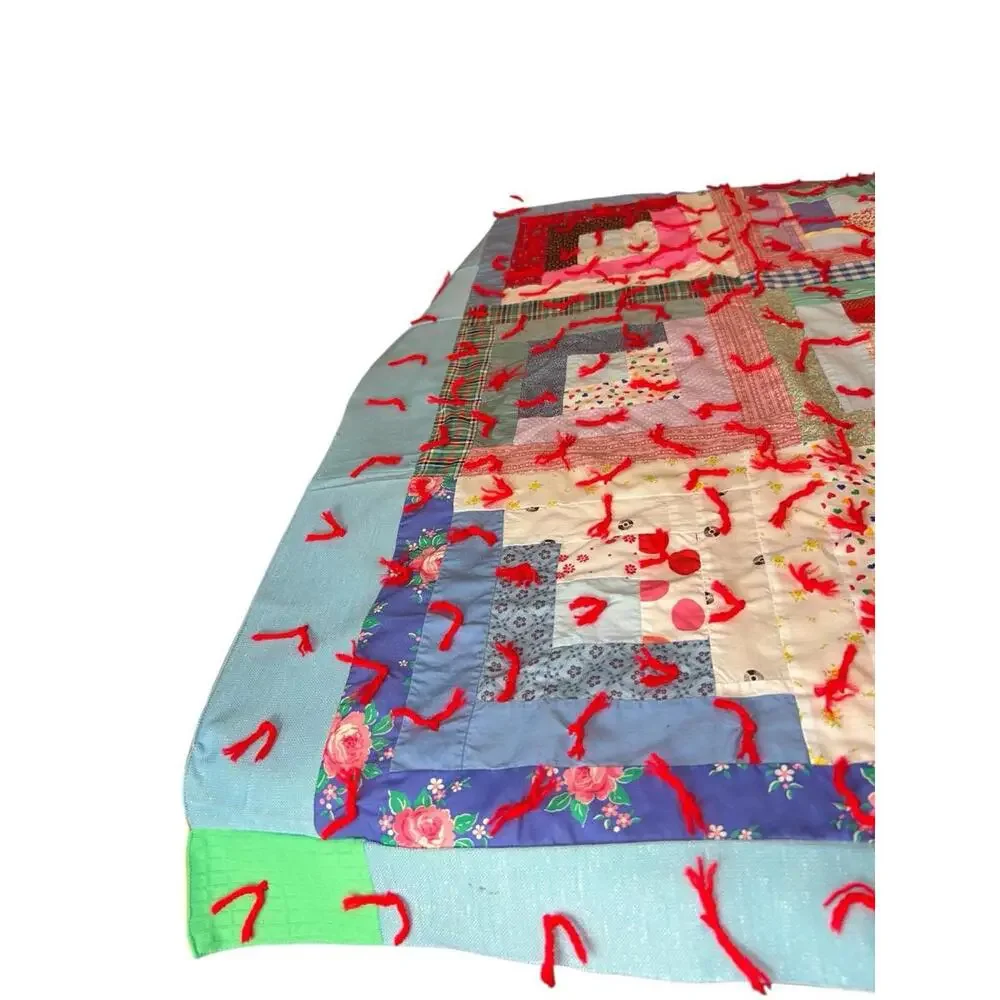 Vintage Handmade Patchwork‎ Tied Multicolor 42x32 Cottagecore Quilt Throw